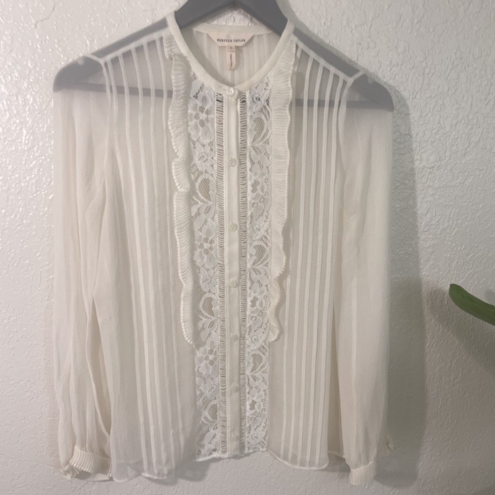 Rebecca Taylor - Tuxedo Style, Long-Sleeve Blouse w/ Lace - New w/ tags - Size 2